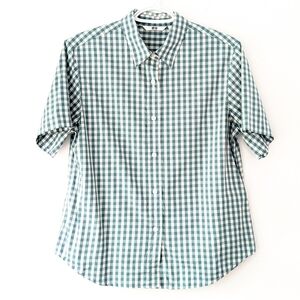 Uniqlo Women's Green Gingham Short Sleeve Button Down Shirt ~ Size Small